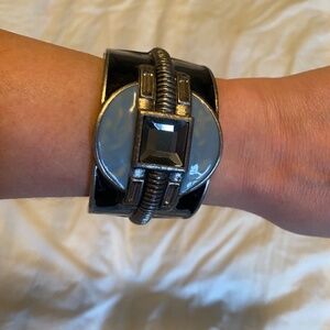 Silver Enamel Smoke Stone 1.5" Wide Cuff Bracelet 7"